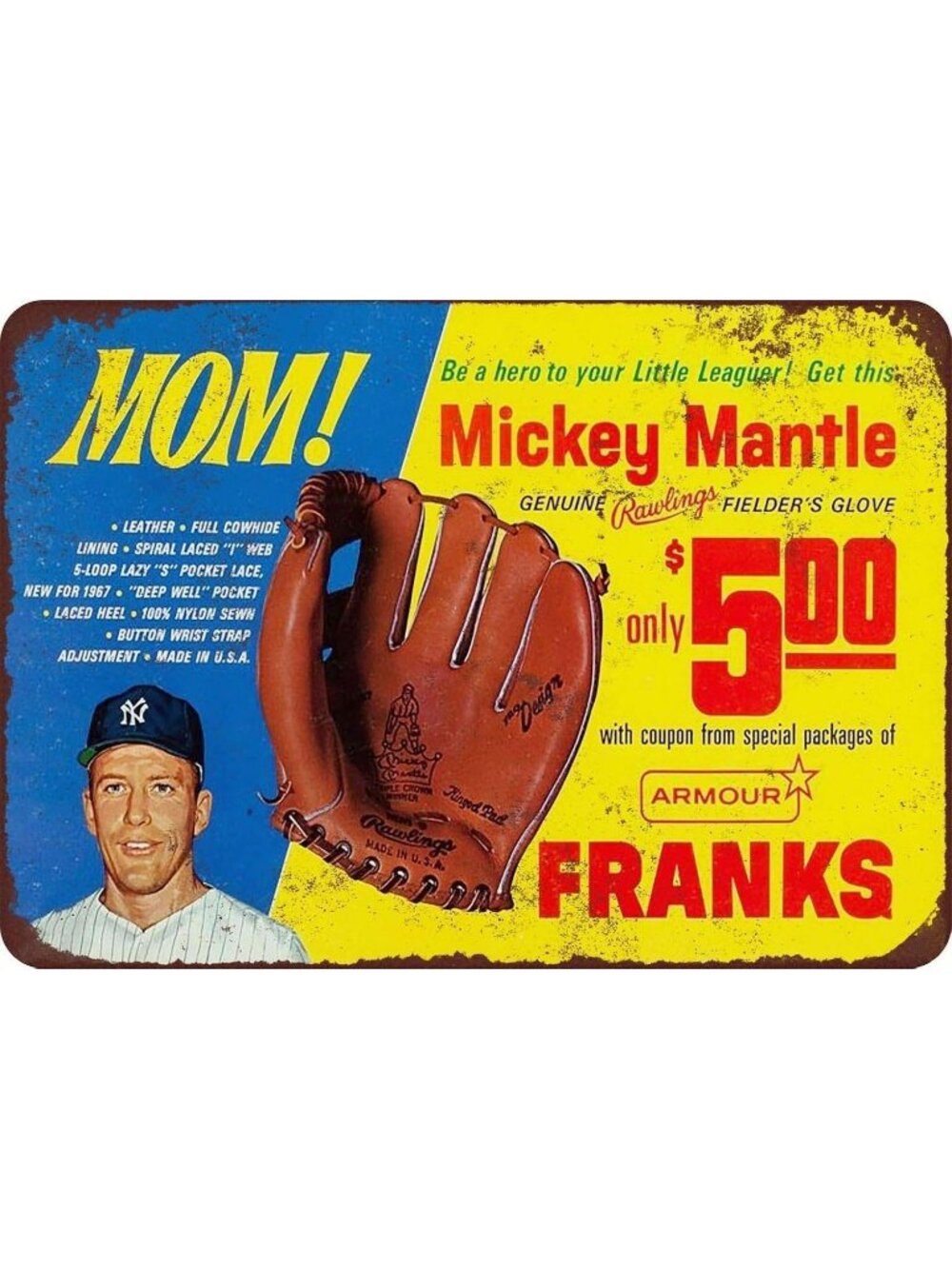 1967 Mickey Mantle Man Cave Wall Tin Sign Art Rustic Metal Signs Vintage 8x12